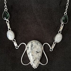 Jasper, Moonstone & Onyx pendant/ sterling silver plated necklace 🤍💚